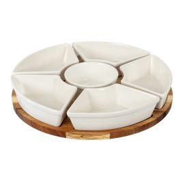 VALORE Lazy Susan including Ceramic Serving Bowls - Oak Finish