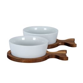 VALORE Set Of 2 Fishtail Serving Trays with Ceramic Bowls - Oak Finish