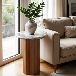 ASHMERE Natural Marble and Wood Pedestal Side Table - Oak Finish