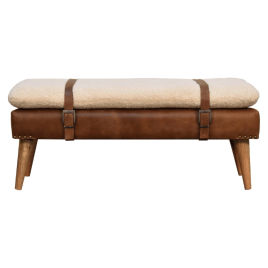Handwoven Leather Bench - Oak and Cream