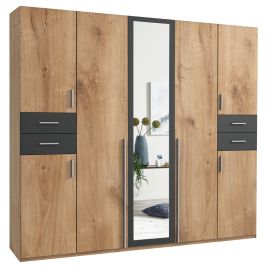 FENTON 5 Door Mirrored Wardrobe Finish Oak and Graphite - 225cm