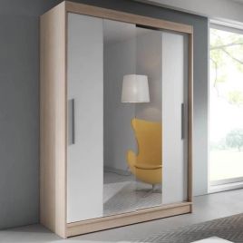 VERCELLI 2 Door Mirrored Sliding Wardrobe Light Oak and White - 150cm
