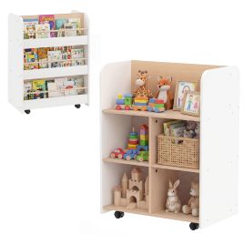 3-Tier Bookshelf for Kids with Wheels Double-sided Book Display-White
