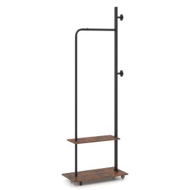 Freestanding Clothing Rack with Wheels and Hanging Rod-Rustic Brown