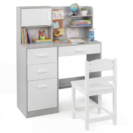 JOREX Kids Desk and Chair Set Study Table with Hutch Bulletin Board 3 Drawers-Grey