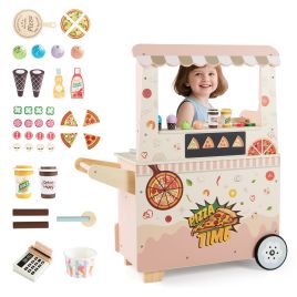 Kids Pizza Food Truck Wooden Pretend Play Snack Cart with Oven-Pink