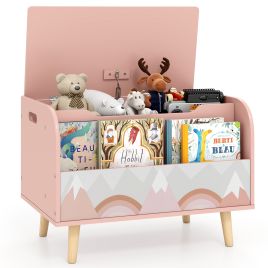 TIVENA Kids Wooden Toy Box with Front Bookshelf 4 Solid Wood Legs-Pink