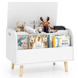 TIVENA Kids Wooden Toy Box with Front Bookshelf 4 Solid Wood Legs-White
