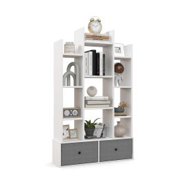Bookcase - 12-Tier Wooden Bookshelf with Folding Drawer for Study Living Room-White