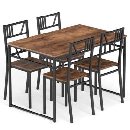 Industrial-Style Kitchen Table and 4 Chairs with Wood Like Tabletop and Metal Frame-Brown