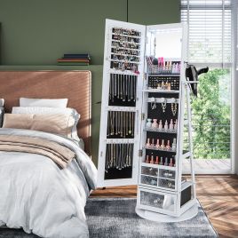 360 Swivel Lockable Jewelry Armoire Cabinet with Full-Length Mirror - White