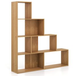 ELVRANNE 4-Tier Stepped Bookshelf Modern Ladder Bookcase with 6 Storage Cubes-Natural