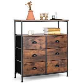 LOURDES Oak Finish Chest of Drawers - Medium-sized, 6 Fabric Drawers, Double