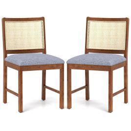 Rattan Dining Chair Set of 2 with Rubber Wood Frame and Linen Fabric Padded-Walnut