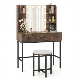ZELIX Makeup Dressing Table and Cushioned Stool Set with Power Outlets-Rustic Brown