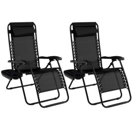 REORTY Folding Patio Recliners with Removable Headrest and Cup Holder Set of 2-Black