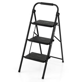 Folding Portable 3 Step Ladder with Anti-Slip Pedal and Handle - Black
