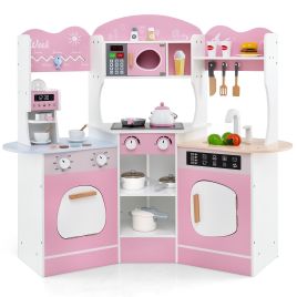 RINELO Kids Corner Wooden Play Kitchen with Coffee Machine Slide Microwave-Pink