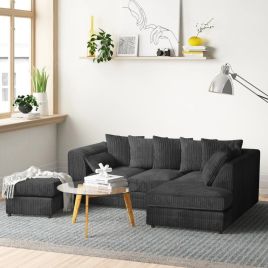 MONA Jumbo Cord 4 Seater L Shaped - Right Hand Facing Corner Sofa with Footstool - Black
