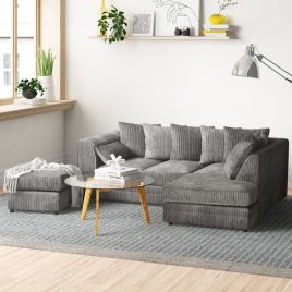 MONA Jumbo Cord 4 Seater L Shaped - Right Hand Facing Corner Sofa with Footstool - Grey