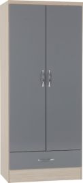 NEWBIGGIN 2 Door Wardrobe with 1 Drawer Grey Gloss with Light Oak - 78cm