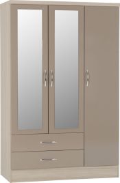 NEWBIGGIN 3 Door Mirrored Wardrobe with 2 Drawers Light Oak and Beige - 116cm