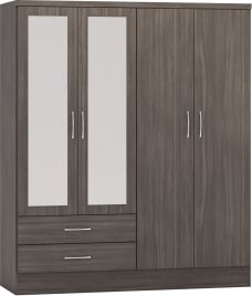 NEWBIGGIN 4 Door Mirrored Wardrobe with 2 Drawers Grey Oak - 154cm