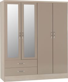 NEWBIGGIN 4 Door Mirrored Wardrobe with 2 Drawers Light Oak and Beige - 154cm