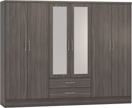 NEWBIGGIN 6 Door Mirrored Wardrobe with 2 Drawers Grey Oak - 230cm