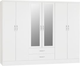 NEWBIGGIN 6 Door Mirrored Wardrobe with 2 Drawers White Gloss - 230cm