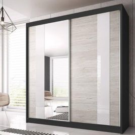 MALTA 2 Door Mirrored Sliding Wardrobe Black Matt and Grey Oak - 183cm