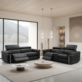 BREVELLO Leather 3 and 2 Seater Electric Recliner Sofa Set - Black