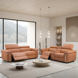 BREVELLO Leather 3 and 2 Seater Electric Recliner Sofa Set - Tan
