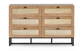 Oak Finish Rattan Chest of Drawers - PETERLEE Large Chest 6 Drawers Double Chest