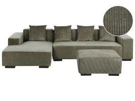 Right Hand Jumbo Cord Corner Sofa with Ottoman Green LUNGO
