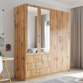 LINCOLNSHIRE 4 Door Mirrored Wardrobe with 3 Drawers Oak - 196cm