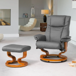 Armchair - MOBELUX Leather Swivel Recliner Chair with Stool - Grey