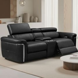 BREVELLO Leather 2 Seater Electric Recliner Sofa - Black