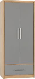 SELSEY 2 Door Wardrobe with 1 Drawer Grey High Gloss with Light Oak - 76cm