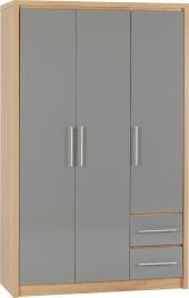SELSEY 3 Door Wardrobe with 2 Drawers Grey High Gloss with Light Oak - 111cm
