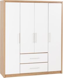 SELSEY 4 Door Wardrobe with 2 Drawers White High Gloss with Light Oak - 148.5cm