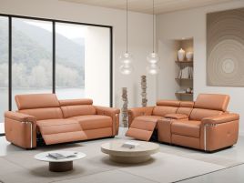 BREVELLO Leather 3 and 2 Seater Electric Recliner Sofa Set - Tan