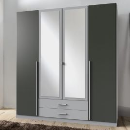 HUSAM 4 Door Mirrored Wardrobe with 2 Drawers Grey - 180cm