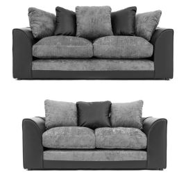 DYLAN Faux Leather and Chenille Fabric 3 and 2 Seater Scatterback Sofa Set - Black and Grey