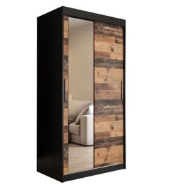 CURTIS 2 Door Mirrored Sliding Wardrobe Black and Oak - 100cm