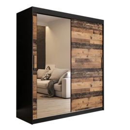 CURTIS 2 Door Mirrored Sliding Wardrobe Black and Oak - 180cm