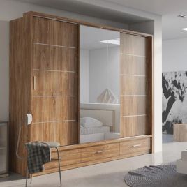 IRVINE 3 Door Mirrored Sliding Wardrobe with 3 Drawers Medium Oak - 250cm