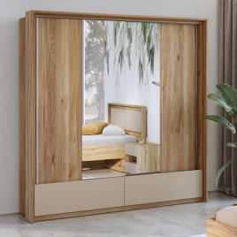 INGERSOLL 2 Door Mirrored Sliding Wardrobe with 2 Drawers Medium Oak - 209cm