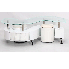 Stoke White Border Coffee Table with Two Stool Set SStylish High Gloss Drawer and Glass Top