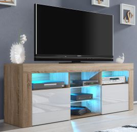 Modern TV Cabinet with Sideboard Storage and Free LED Lighting 145cm - Oak and White
